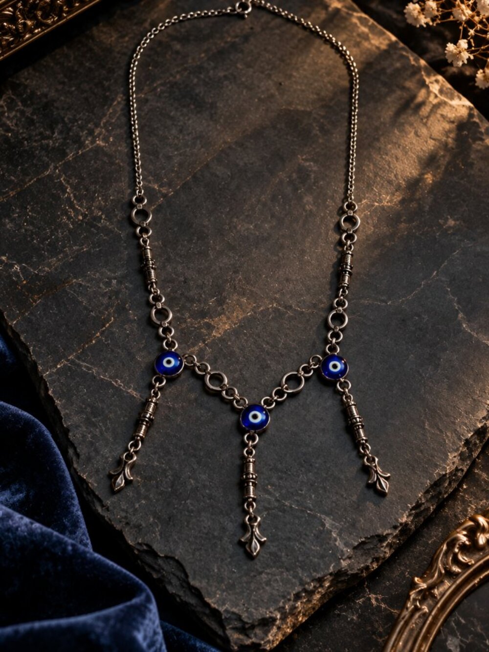 Vintage Evil Eye Necklace – Blue Nazar Beads & Silver Tone Dangles